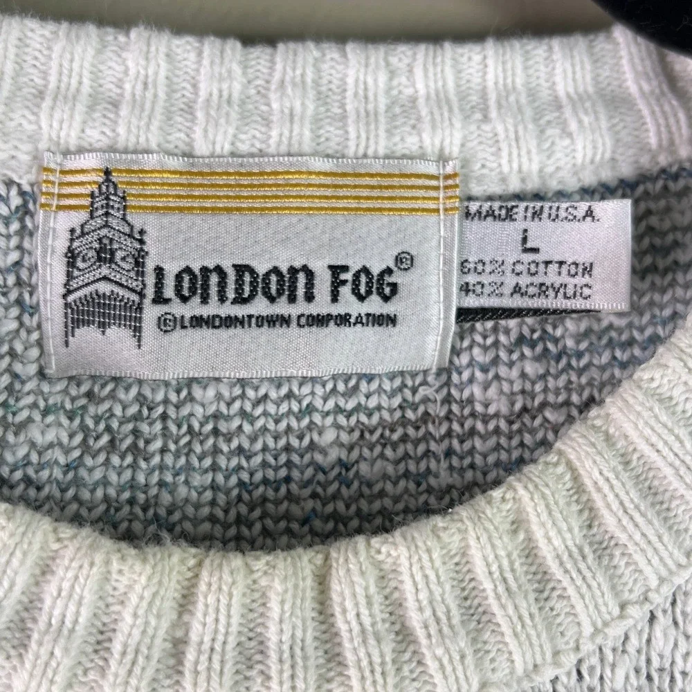 Vintage London Fog Mens Large Geometric Knit Sweater Made in USA 90s Cream Blue